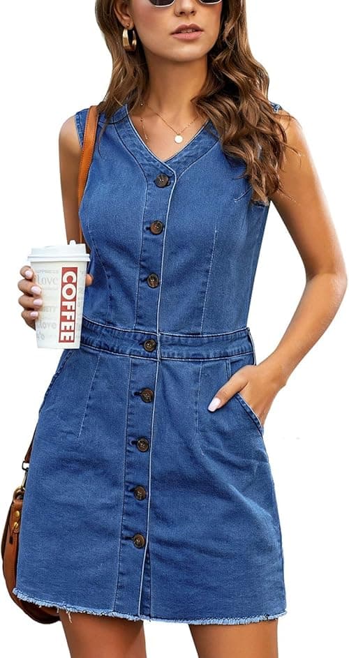 LookbookStore Women Sleeveless V Neck Button Down Frayed Hem Short Denim Dress on Amazon.ae - Price Tracker