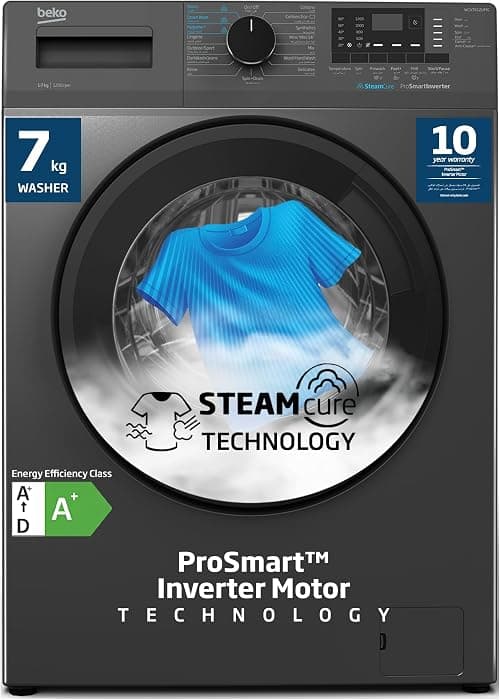 Beko 7 kg Front Load Washing Machine,1200 RPM,15 Programmes,Low Noise,Quick wash 14/28 Minutes,SteamCure Wash,Digital Display,DrumClean,10 Years Warranty on ProSmart Inverter Motor,WCV7612UMG(Grey) on Amazon.ae - Price Tracker