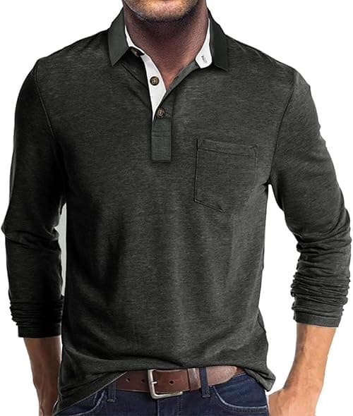 Men's Casual Polo Shirts Classic Button Basic Long Sleeve Shirt Solid Color Cotton Tees Stylish Tops on Amazon.ae - Price Tracker