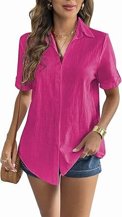 Zeagoo Women Linen Button Down Shirt Rolled Cuffed Short Sleeve Blouse Ladies Summer Casual V Neck Beach Cotton Tops on Amazon.ae - Price Tracker