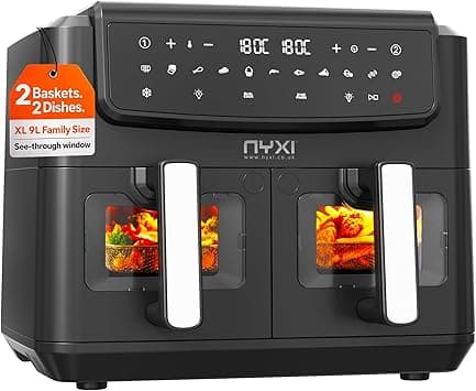 Nyxi Air Fryer 9L Dual Basket, XL Capacity (4.5L Each Basket), Visual Window, 13 Cooking Modes, Digital Control, Adjustable Temperature, Timer, Non-Stick Tray (Dual Basket, 9 Litre, Model 3867) on Amazon.ae - Price Tracker