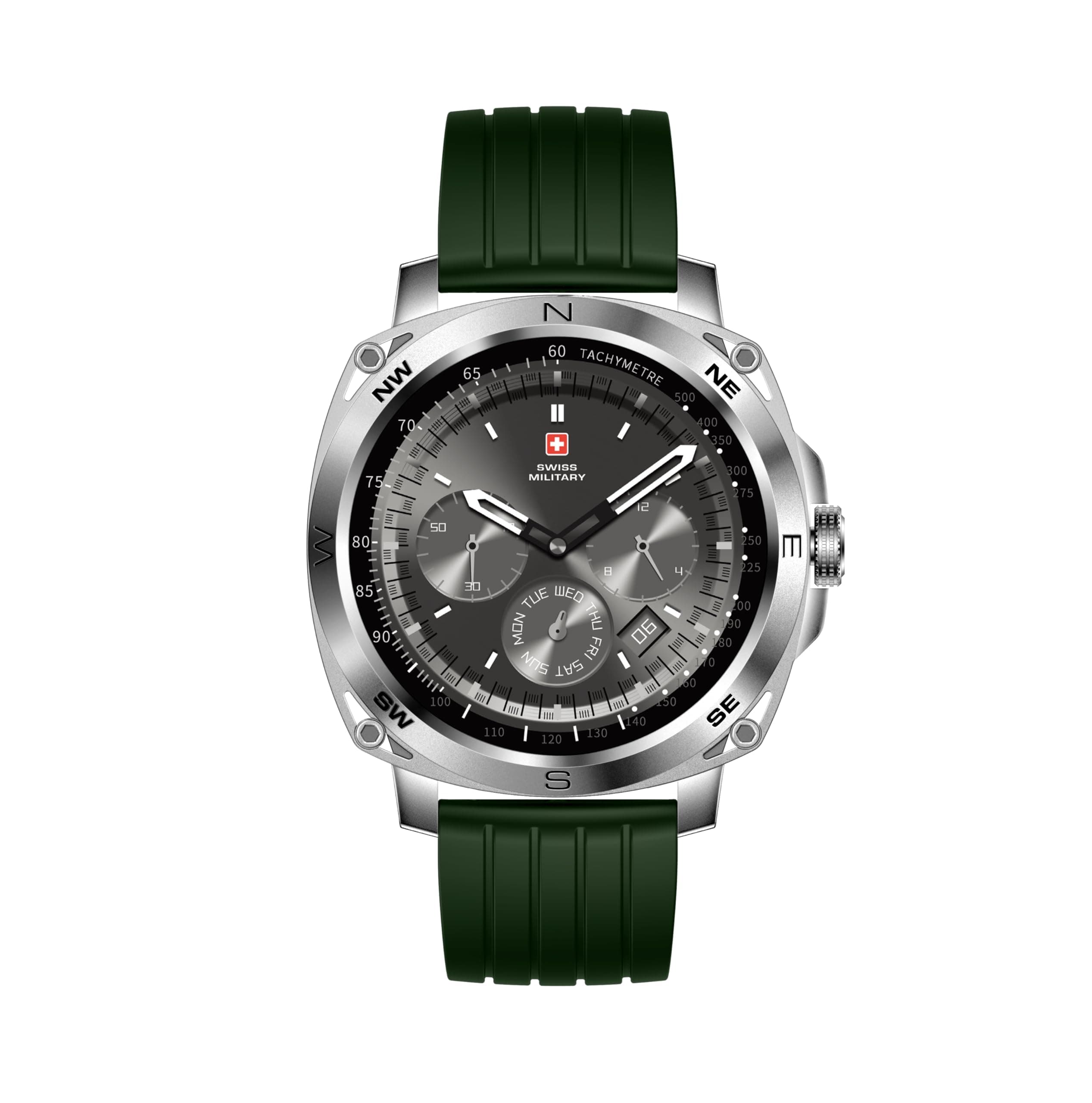 Swiss Military DOM4 Smartwatch 1.43" AMOLED, Bluetooth Calling, Multi Language, Health & Sports Tracking, Wireless Charging, 7 Days Battery, IP67, iOS/Android Compatible, Silver Frame with Green Strap on Amazon.ae - Price Tracker