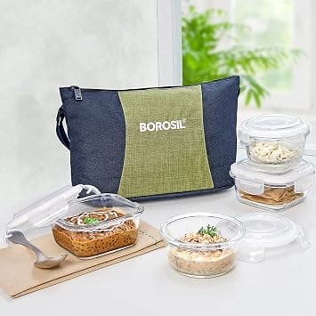 Borosil Ace Daisy Lunchbox | 4pc (320ml x 2 Square + 240ml x 2 Round) Container Set | Made in India Borosilicate Glass | Microwave & Dishwasher Safe Tiffin for Office, College & School على Amazon.ae - متتبع الأسعار