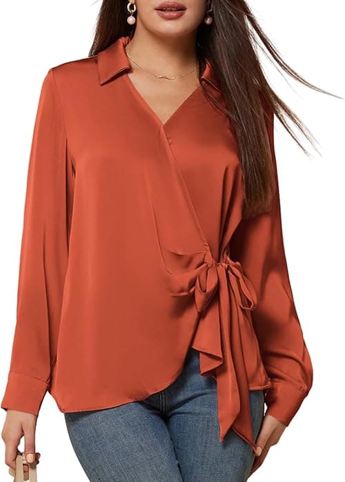 GRACE KARIN Women's Satin Silk Blouses Wrap V Neck Shirts Long Sleeve Elegant Tie Waist Office Formal Work Tunic PulloverTops on Amazon.ae - Price Tracker