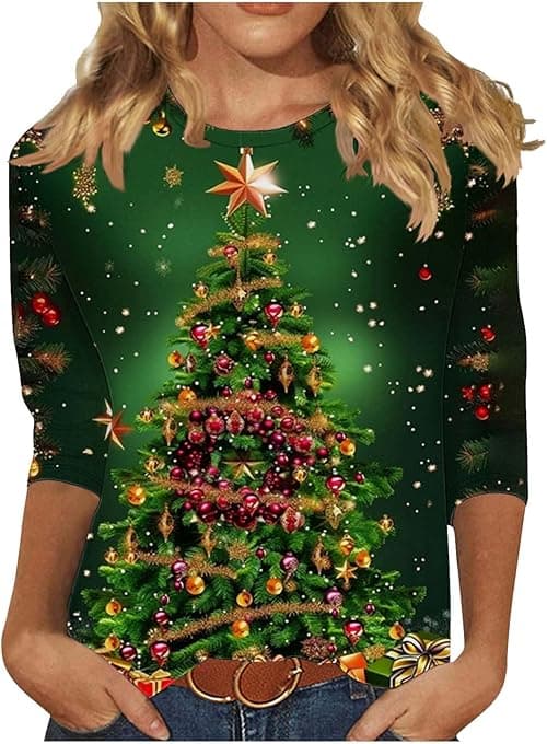 Christmas Tops for Women - Novelty, Santa Funny Graphic, Merry Christmas, Snowman, Xmas Tree, Snowflake, Elk Print, Crew Neck, 3/4 Sleeve, Pullover, Holiday, Party, Xmas T Shirts on Amazon.ae - Price Tracker