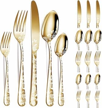 NALACAL 20PCS Unique Pattern Silverware, Set of 4 Stainless Steel Flatware Gold Cutlery Set Mirror Polished Utensils Pattern Design Flatware Mirror Polished Cutlery for Kitchen, Dishwasher Safe on Amazon.ae - Price Tracker