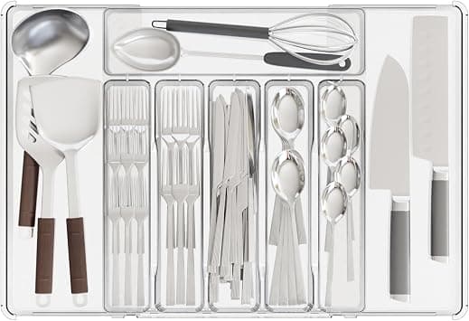 Cutlery Drawer Organiser, Expandable Kitchen Drawer Organiser Cutlery Organiser Utensil Tray for Kitchen,Adjustable Silverware and Flatware Holder for Spoons Forks Knives, Large, Clear on Amazon.ae - Price Tracker