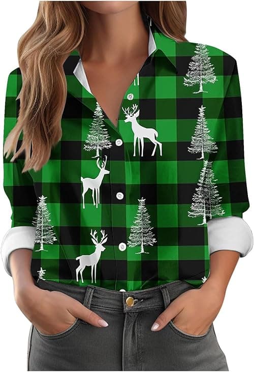 Christmas Tops for Women UK Funny Christmas Jumper Oversized Button Up Shirts Long Sleeve Tops V Neck Blouses Xmas Tree Snowflake Print Blouse Novelty Jumpers Rude Dressy Xmas Shirt on Amazon.ae - Price Tracker