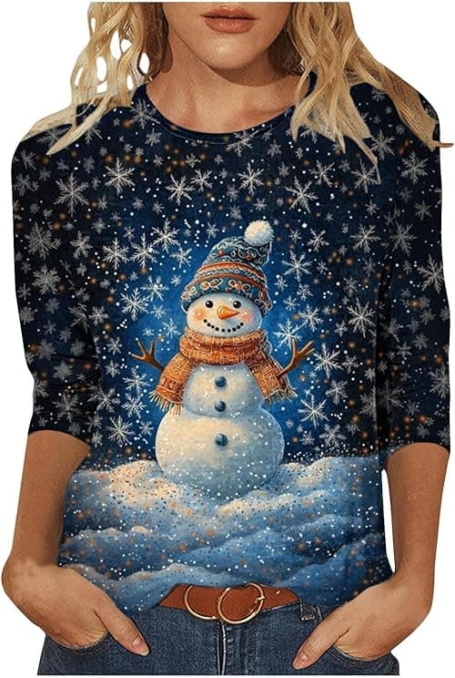 Womens Christmas Tops Funny Xmas Tops Plus Size 3/4 Sleeve Round Neck Blouses Xmas Tree Snowflake Santa Printed Funny Ugly Christmas Jumper Loose Blouse Oversized T Shirts Sweatshirt on Amazon.ae - Price Tracker