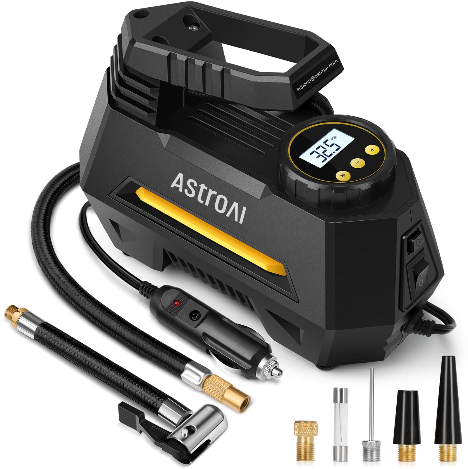 AstroAI Tyre Inflator Air Compressor 12V, Portable Electric Car Tyre Pump with Tyre Pressure Gauge, Auto-Stop Air Pump with Valve Adaptors and LED Light, Car Accessories, Yellow on Amazon.ae - Price Tracker