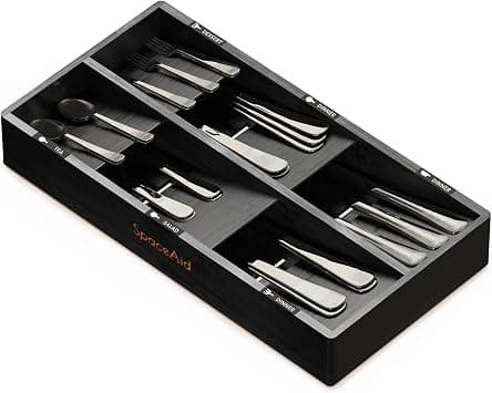 SpaceAid Bamboo Silverware Drawer Organizer with Labels, Kitchen Utensil Tray Holder Organizer for Flatware, Cutlery, Spoon and Knives Drawer Storage Organization (Black, 6 Slots) on Amazon.ae - Price Tracker