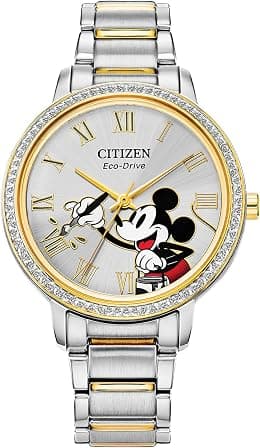 Citizen Eco-Drive Ladies' Mickey Mouse Crystal Watch, Two Tone Gold Stainless Steel, 3-Hand, 36mm (Model: FE7044-52W), Two Tone, Modern - Best Deal Finder
