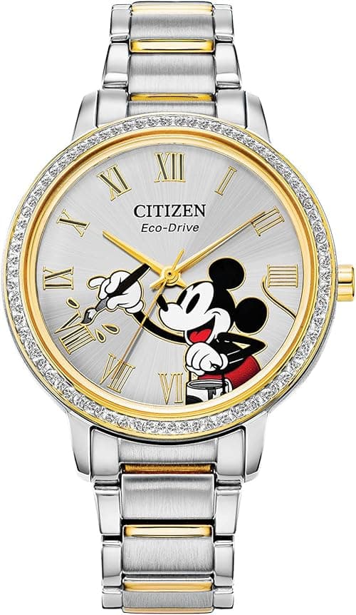Citizen Eco-Drive Ladies' Mickey Mouse Crystal Watch, Two Tone Gold Stainless Steel, 3-Hand, 36mm (Model: FE7044-52W), Two Tone, Modern on Amazon.ae - Price Tracker