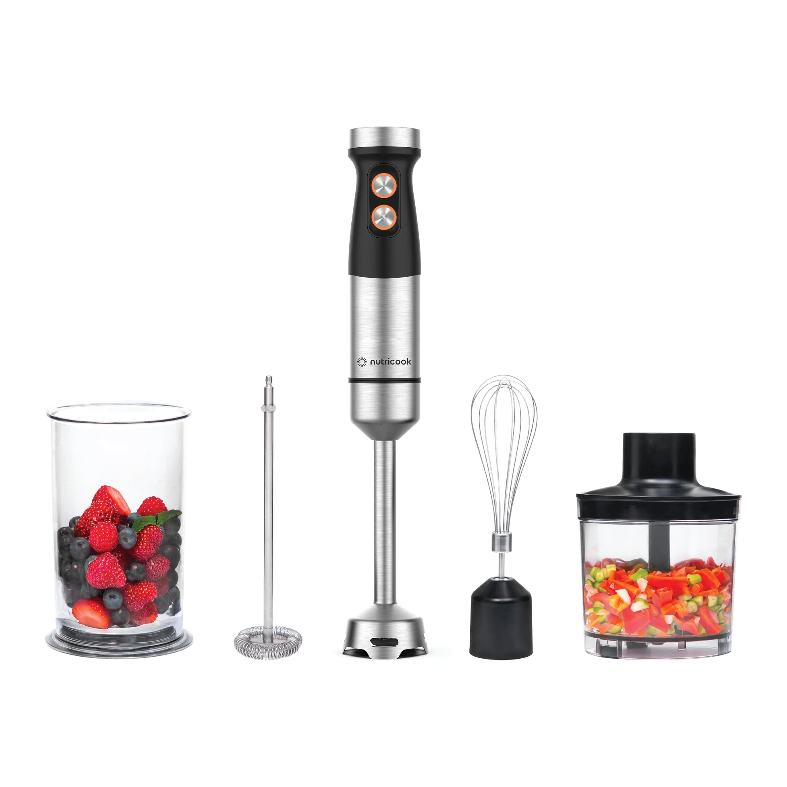 Nutricook 1200W DC motor Hand Blender With 700ml beaker,500ml Chopping Bowl, Stainless Steel Blades, Wisk with 20 variable speed 4in1 Blend,chop,whisk,froth, HB100ME, 2 yrs warranty on Amazon.ae - Price Tracker