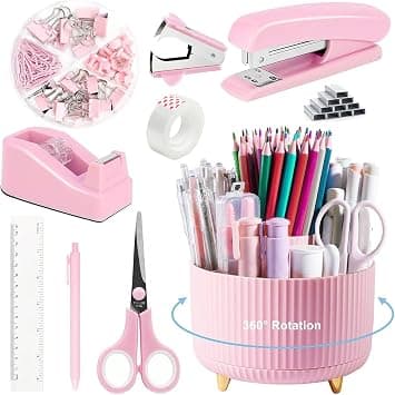 Pink Office Supplies Set, 10PCS Pink Desk Accessories with 360° Pen Holder,Stapler and Tape Dispenser Set, Remover, Staples, Clips, Scissor,Sticky Notes and Pen على Amazon.ae - متتبع الأسعار