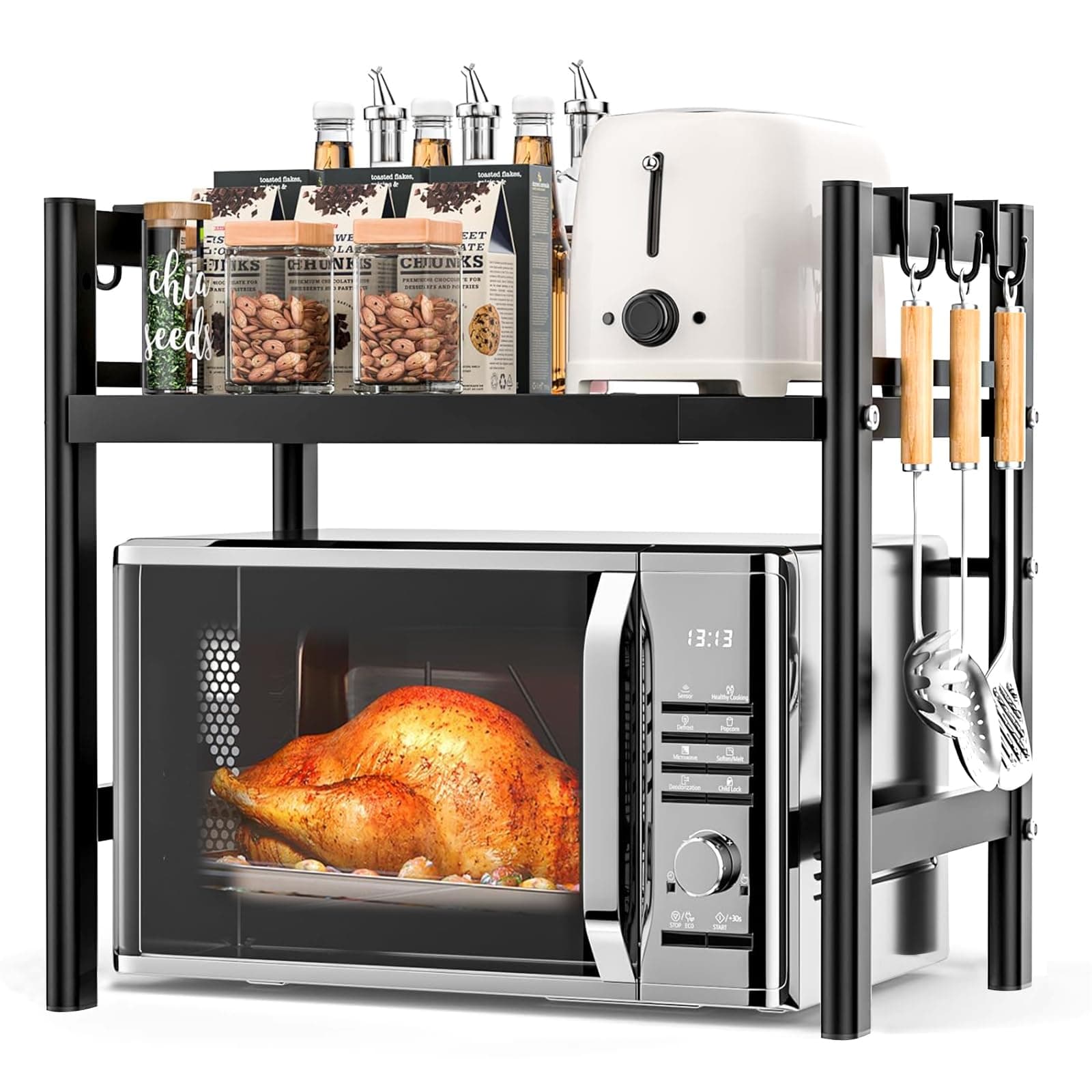 Yoawllty Microwave Stand, Microwave Oven Rack With 6 Hooks, Expandable Horizontal Extension Microwave Shelf, Kitchen Counter Organizer for Toaster Oven Rice Cooker on Amazon.ae - Price Tracker