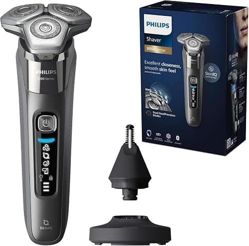 Philips Shaver Series 8000 - Wet & Dry Electric Shaver with SkinIQ Technology in Dark Chrome with 1 x Pop-up Trimmer, Charging Stand, P-Cap, Cleaning Brush and Nose Trimmer (Model S8697/23) على Amazon.ae - متتبع الأسعار