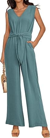 PRETTYGARDEN Summer Outfits 2024 Wide Leg Jumpsuits for Women Casual V Neck Sleeveless Belted High Waist Long Pants Rompers on Amazon.ae - Price Tracker