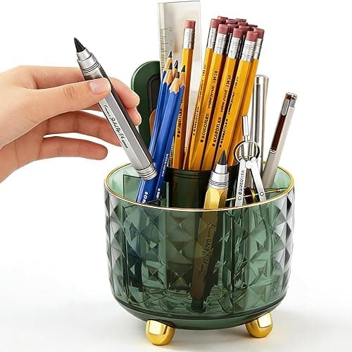 360° Rotating Pencil Holder for Desk, Makeup Brush Holder with 6 Slots, Desk Organizer for Writing Utensil, Office and School Supplies (Dark Green, Cylindrical) on Amazon.ae - Price Tracker