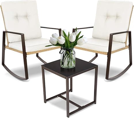 YIYAN 3 Pieces Patio Bistro Set Outdoor Rattan Wicker Rocking Chairs Set,Patio Outdoor Furniture Conversation Sets with Sofa Chairs,Glass Coffee Table and Washable Cushion (Light Beige) on Amazon.ae - Price Tracker