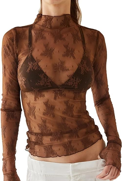 Ugerlov Women Blouse Long Sleeve Mesh Stand Collar See Through Floral Lace Top Opulent Garden on Amazon.ae - Price Tracker