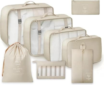 Beige Travel Organizer 8Pcs Set | Includes Packing Bags, Waterproof Packing Cubes, Toiletry & Shoe Bags – Compression Design for Luggage, Durable and Breathable Mesh for Easy Organization - Best Deal Finder