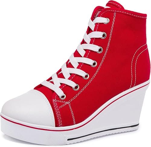 Women's Wedge Sneakers High Heel Canvas Shoes Lace up High Top Side Zipper Fashion Sneakers على Amazon.ae - متتبع الأسعار