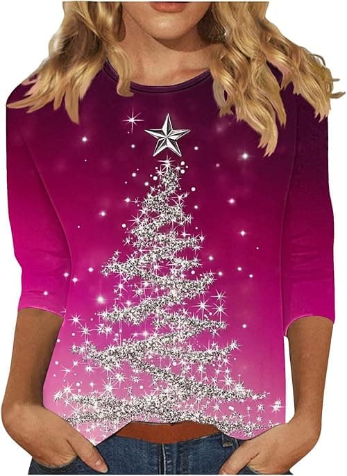Christmas Tops for Women UK Plus Size Xmas Tops 3/4 Sleeve T Shirts Christmas Tree Snowflake Print Tshirt Round Neck Blouses Casual Loose Top Pullover Lounge Wear for Holiday Party on Amazon.ae - Price Tracker