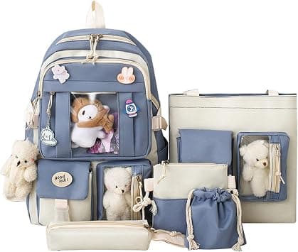 Kawaii Backpack 5Pcs Set Aesthetic School Bags, Japanese With Badge & Pendant, Cute (A-Blue) على Amazon.ae - متتبع الأسعار