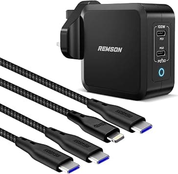Remson【Apple MFi Certified】Remson Trio Pack Fast Charger 100W for iPhone series 16 to 12, Laptop, Samsung PD 3.0 GaN Tech usb c charger 100W with two cables USB-C to Lightning and USB-C to USB-C على Amazon.ae - متتبع الأسعار