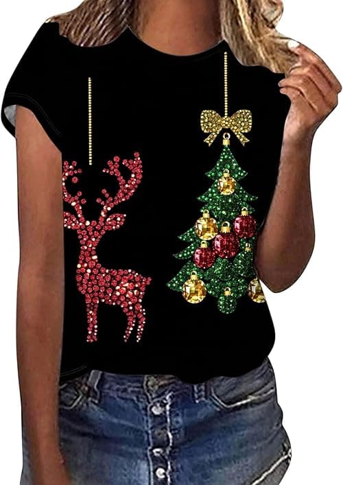Womens Christmas T Shirt Funny Xmas Jumpers Short Sleeve Tops Round Neck Blouses Reindeer Funny Snowman Print Graphic Sweatshirts Tunic Jumpers Loose Blouse Casual Holiday T-Shirts on Amazon.ae - Price Tracker