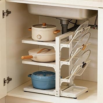 Pots and Pans Organizer under Cabinet, Cutting Board Pot Lid Storage Rack with 6 Adjustable Tiers and 3 Pot Lid Racks, Pan Holder Under Sink, Heavy Duty kitchen Organizer Pot Racks على Amazon.ae - متتبع الأسعار
