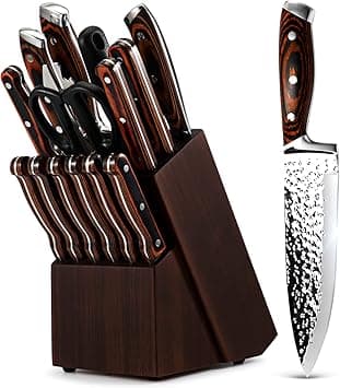 Kitchen Knife Set,15-Piece Knife Set With Block Wooden,Self Sharpening For Chef Knife Set,High Carbon Japan Stainless Steel Hammered Collection Knife Block Set with Steak Knives, Boxed Knife Set on Amazon.ae - Price Tracker