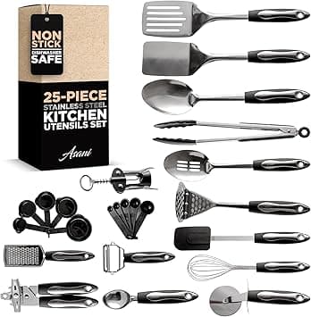 Asani 25-Piece Stainless Steel Kitchen Utensil Set | Non-Stick Cooking Gadgets and Tools Kit | Durable Dishwasher-Safe Cookware Set | Kitchenware Gift Idea, Best New Apartment Essentials on Amazon.ae - Price Tracker