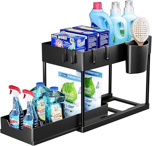 SKY-TOUCH 1pcs Under Sink Shelf Storage Organiser with Sliding Pull Out Drawer,Double Sliding Under Bathroom Cabinet Organization, Kitchen Storage with Hooks,15.6 * 8.6 * 13.2cm,Black on Amazon.ae - Price Tracker