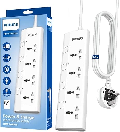 Philips 4-Way Universal Power Extension Cord with Individual Switches (1.5M), 2500W Overload Protection, 750°C Fire-Resistant, 3x1mm² Heavy Duty Cable, 13A Fuse, ESMA Certified, UK Plug - White on Amazon.ae - Price Tracker