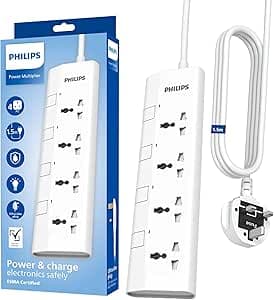 Philips 4-Way Universal Power Extension Cord with Individual Switches (1.5M), 2500W Overload Protection, 750°C Fire-Resistant, 3x1mm² Heavy Duty Cable, 13A Fuse, ESMA Certified, UK Plug - White on Amazon.ae - Price Tracker