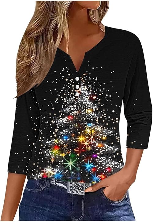 Christmas T Shirts for Women UK Novelty Xmas Jumpers 3/4 Sleeve Tops V Neck T Shirts Henley Shirt Xmas Tree Snowflake Print Blouse Sweatshirt Dressy Tunic Top Holiday Blouse Tops on Amazon.ae - Price Tracker