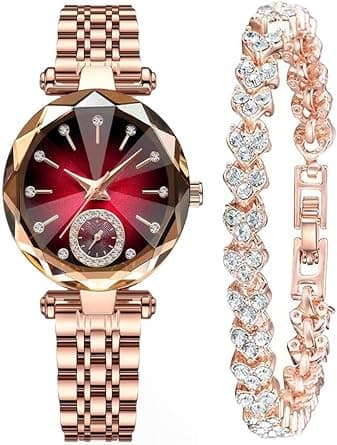 Tazweeq Women Watches, with Bracelet Rose Gold, for Lady Elegant Stainless Steel Strap Fashion Analog Creative Diamond Dial Wrist Watch على Amazon.ae - متتبع الأسعار
