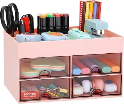 LETURE Office Desktop Organizer with Drawer, Desk Top Accessories Stationary Organizer Desk Caddy, Pen/Pencil/Business Card/Sticky Note Tray/Paperclip Holder Storage Box (Pink) على Amazon.ae - متتبع الأسعار