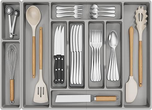 Lifewit Silverware Organizer, Plastic Kitchen Utensil Drawer Tray, Cutlery Flatware Storage Holder for Spoons Forks Knives, 28 x 16 Inches, 10 Compartment, Gray على Amazon.ae - متتبع الأسعار