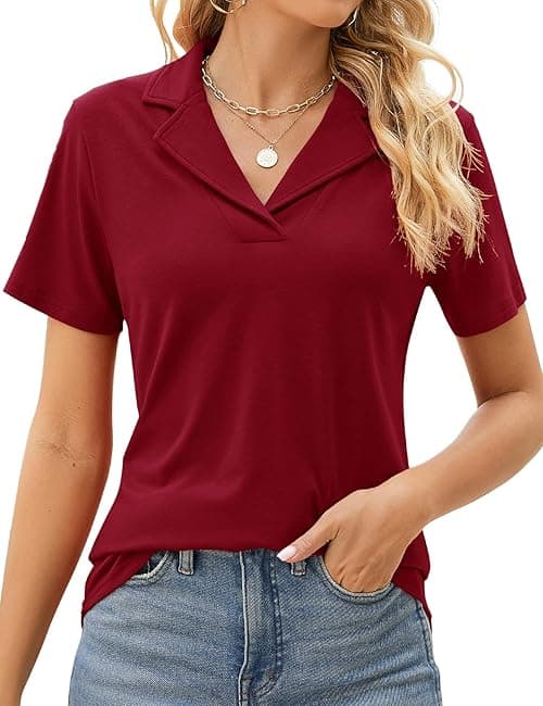 Rapbin Women's Polo Shirts Lapel Collar V Neck Short Sleeve Blouse Dressy Casual Tunic Tops on Amazon.ae - Price Tracker