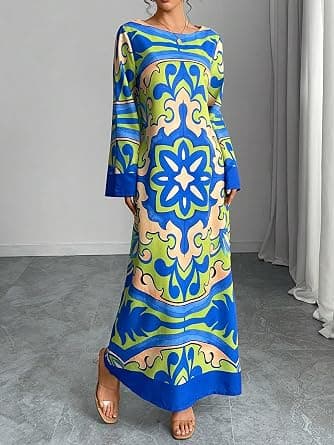 Women's Long Sleeve Print Maxi Dress, Elegant Casual Resort Style, Perfect for Vacation Wear - Best Deal Finder