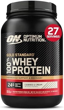 Optimum Nutrition (ON) Gold Standard 100% Whey Protein Powder Primary Source Isolate, 24 Grams of Protein for Muscle Support and Recovery - Cookies & Cream, 1.85 Lbs, 27 Servings (837 Grams) - متتبع أسعار Amazon.sa