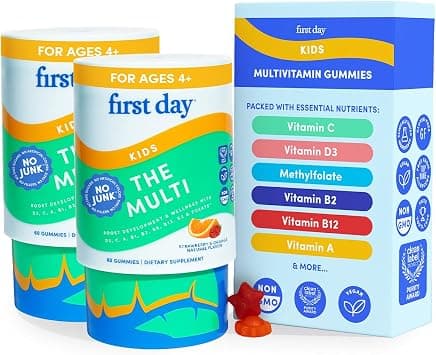 FIRST DAY Kids Daily Multivitamin Gummies – Vitamin A, D3, B6, B12, C, K2 & More to Support Growth, Brain Function, Immunity – Made w/Organic Fruits & Veggies, Only 2g Sugar – 2-Pk, 60 Day Supply على Amazon.ae - متتبع الأسعار