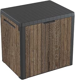 Keter Signature Everwood 30 Gallon Resin Outdoor Storage Box and Patio Furniture Side Table for Pool and Garden Accessories, Walnut - متتبع أسعار Amazon.sa
