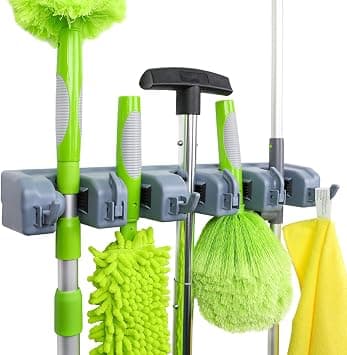 Amazon Basics Rectangular Heavy Duty Wall Mount Broom and Mop Holder, Sturdy Tool Organizer with Hooks and Slots for Garage, Garden, Laundry, Kitchen Organization, 6 × 42.9 × 8.5 cm, Gray - متتبع أسعار Amazon.sa