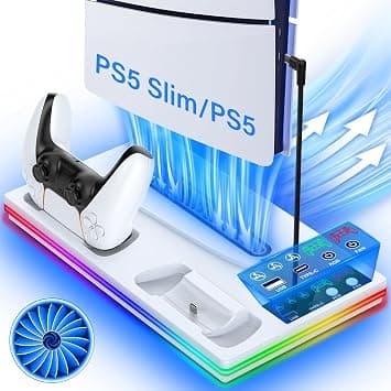 KASTWAVE PS5/PS5 Slim Stand and Cooling Station, with Controller Charging Station for Playsation 5 Slim/PS5, 10 RGB Light PS5 Cooler Accessories Incl 3 Levels Cooling Fan/USB Hub - Amazon.ae Price Tracker