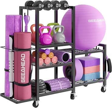 6-Tier Home Gym Storage Rack with Wheels, Dumbbell Weight Rack and Yoga Mat Organizer, Multi-Purpose Gym Equipment Storage Stand for Home Gym Accessories - Best Deal Finder