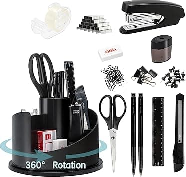 deli Office Supplies Set, 1045 Pcs-Desk Accessory Organizer Kit, Stapler Set, Rotating Multi-Functional Pen Holder, Tape Dispenser, Pens, Binder Clips, Sharpener, Scissor, Eraser, Black - Amazon.ae Price Tracker